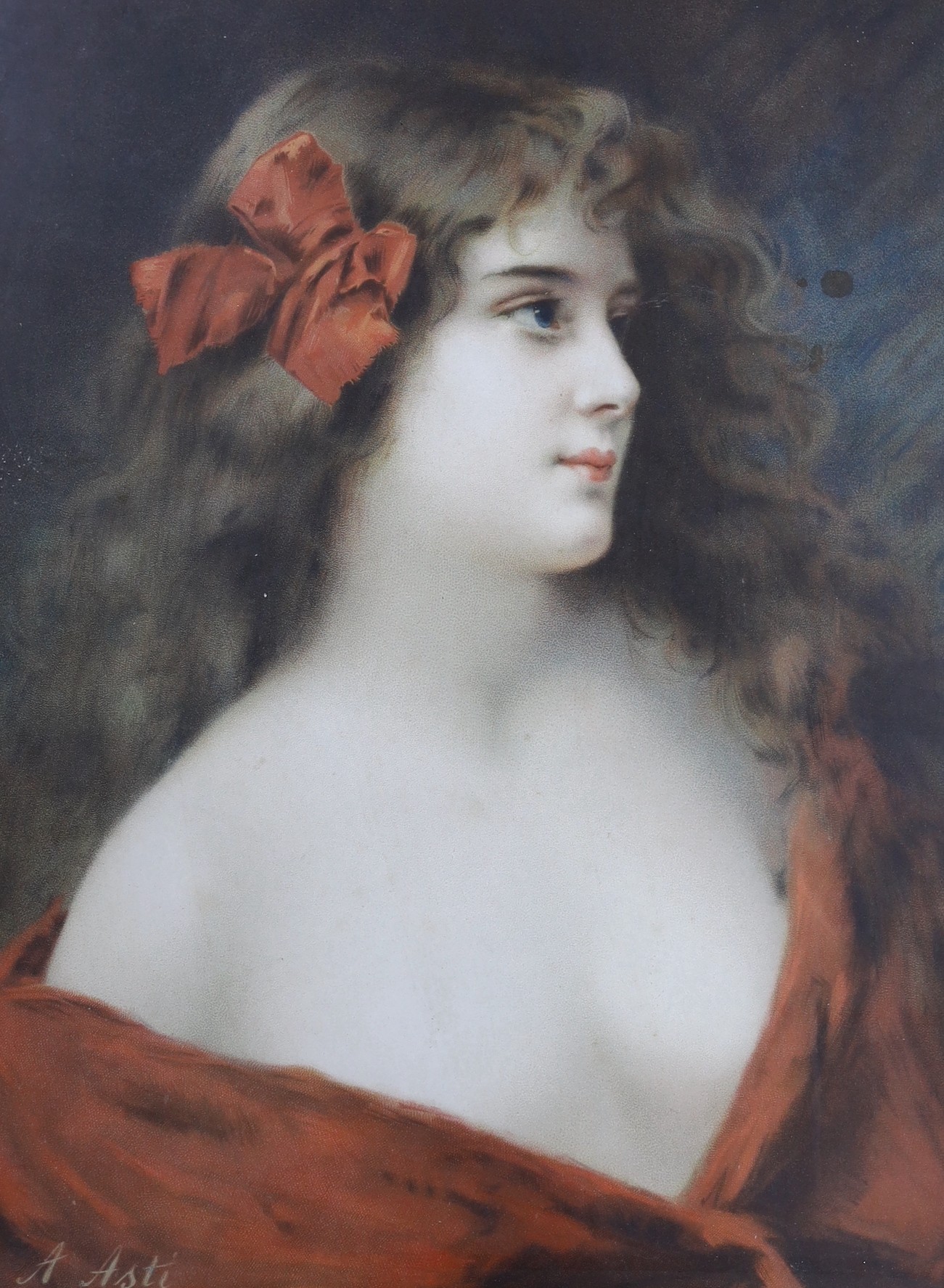 Angelo Asti (Italian, 1847-1903), chromolithograph, Portrait of a young woman with a ribbon in her hair, 50 x 39cm